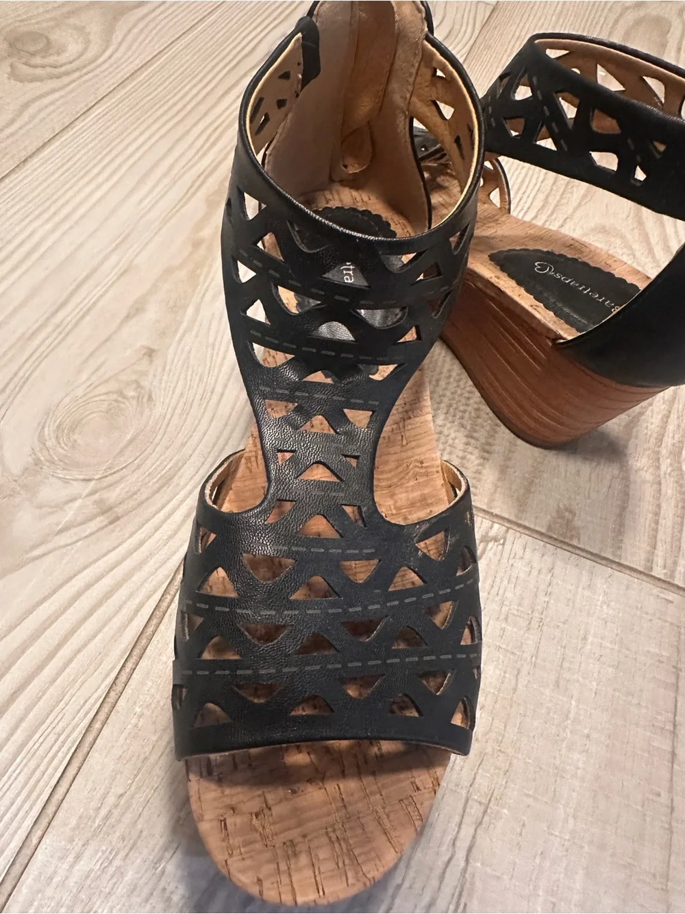 BareTraps Black Laser-Cut Wedge Sandals